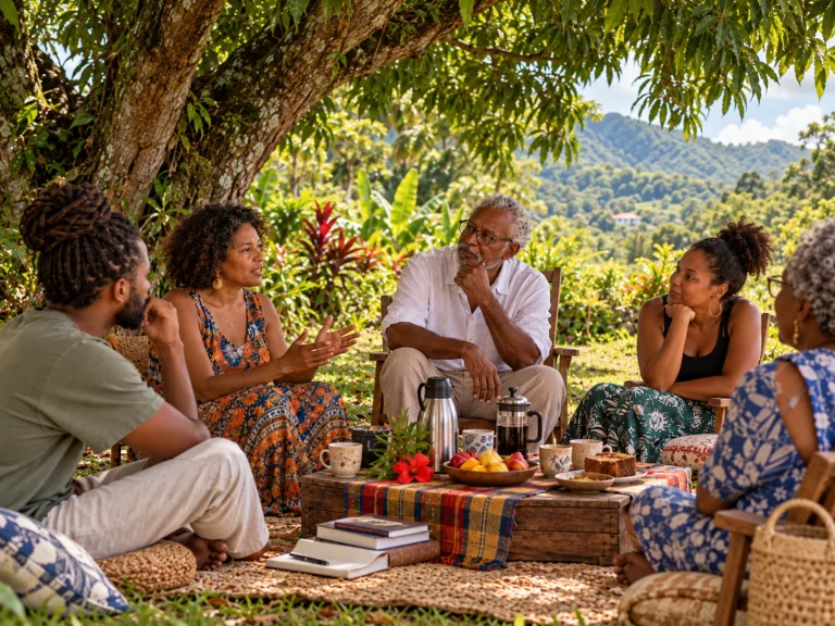 Discussion intergénérationnelle en petit groupe, assis sur des chaises et des nattes sous un grand manguier dans un jardin tropical martiniquais — illustration créée par IA.
