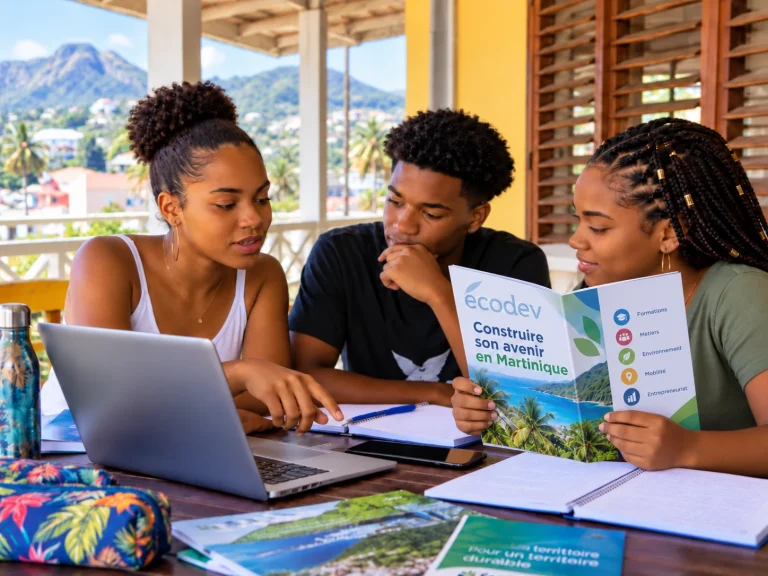 Trois jeunes échangent autour d’un ordinateur et d’un cahier d’orientation Écodev ouvert, sur une terrasse martiniquaise — illustration créée par IA.